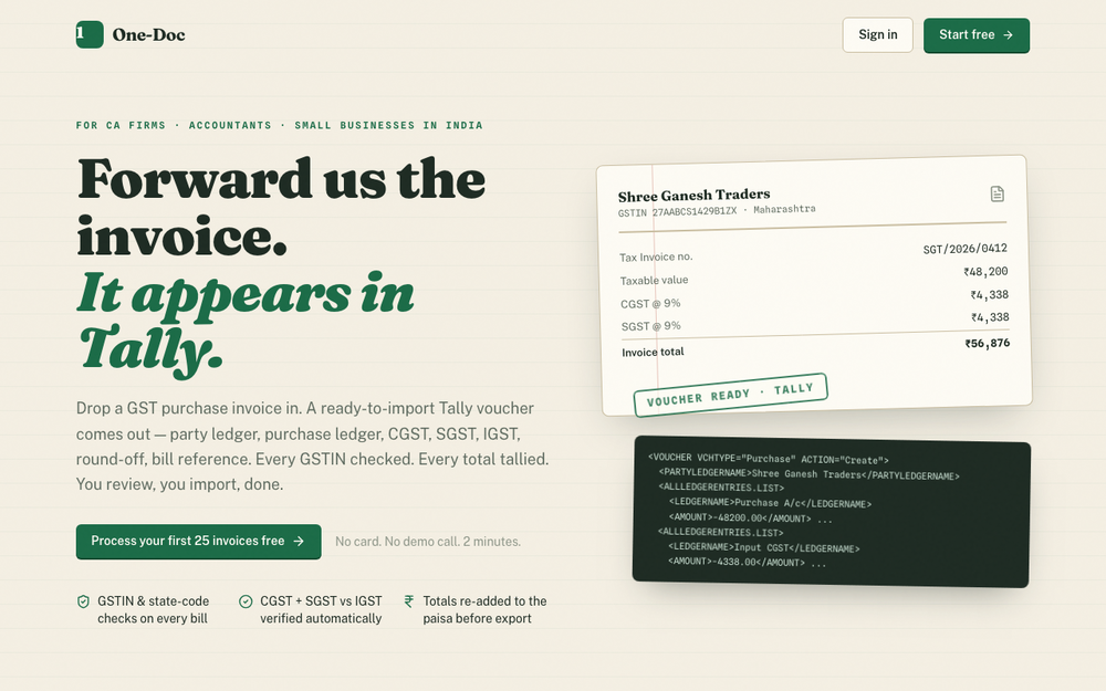 One-Doc — Forward the invoice, it appears in your books.